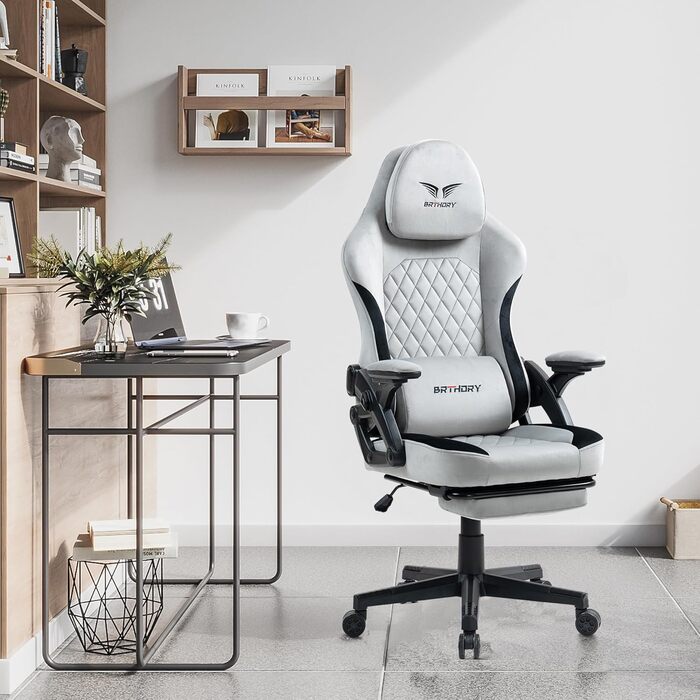 Ігровий крісло BRTHORY Ergonomic Racing з регульованою підголівником, підлокітниками та підніжкою, з тканиною, пружинним сидінням, функцією гойдання, 135°, сірий