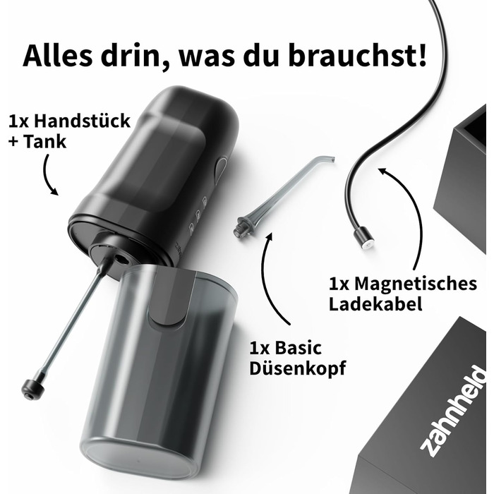 Munddusche AQUADENT A2 | Бездротова | Для дому та в дорогу | Water Flosser | Ефективне очищення міжзубного простору | 3 програми | Чорний