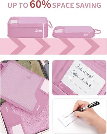 Набір органайзерів для валізи та рюкзака ECOHUB, 4 компресійні пакувальні куби з міцною сіткою та бирками, екологічні дорожні сумки для одягу (Рожевий)