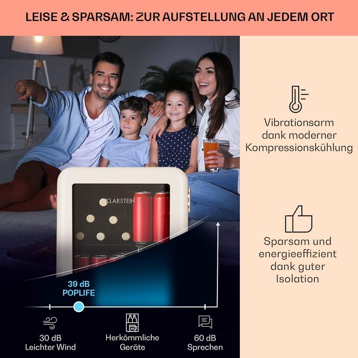 Klarstein Mini Холодильник з скляними дверцятами, 48L, для кімнати та офісу, з висувною полицею, тихий, 0-10°C, 48 літрів, Клас енергоефективності E, кремовий