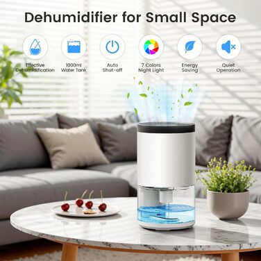 Електричний осушувач повітря без контейнера, 1000 мл, компактний, тихий, з автовимкненням, портативний, для офісу, спальні, ванної кімнати, білий