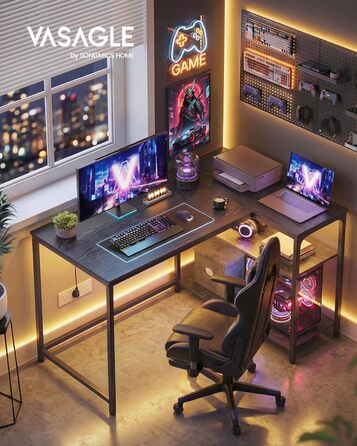 Настільний комп'ютерний стіл VASAGLE L-подібної форми з полицею, для дому та офісу, 110 x 80 см, чорний, без розетки