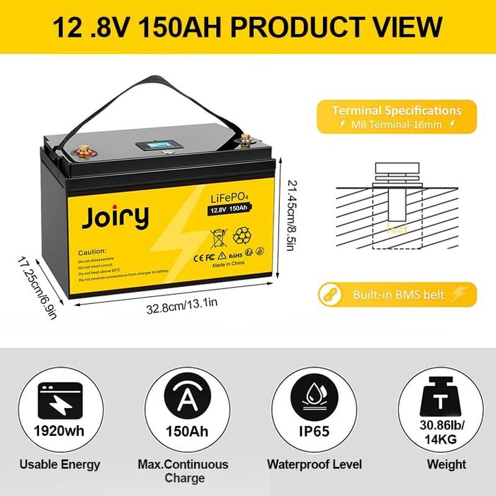 Акумуляторна батарея Joiry 12V 50Ah LiFePO4, 640 Втгод, понад 5000 циклів, з BMS, чудово підходить для сонячної системи, човна, дому