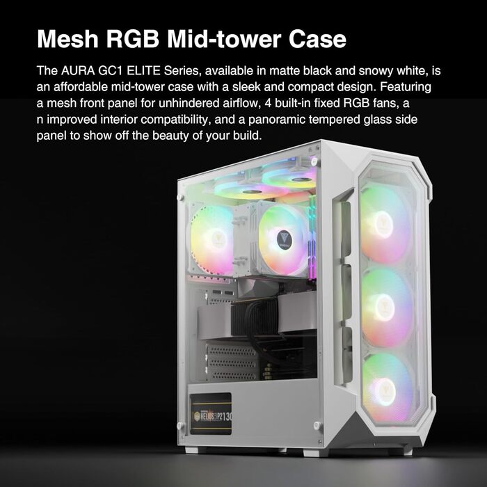 Корпус GAMDIAS AURA GC2 Elite Mid-Tower ATX, скляна сторона, сітчаста передня панель, 4 вентилятори ARGB, чорний
