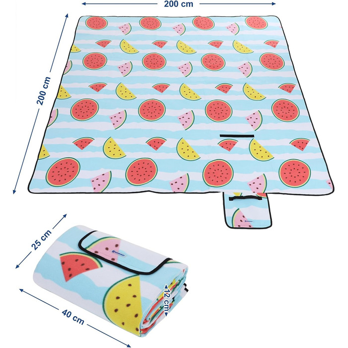 Ковдра для пікніка SONGMICS, 200 x 200 см, XXL, з флісу, теплоізольована та водонепроникна, з ручкою для перенесення GCM70YR, Синій кавун