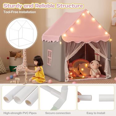 Дитяче намет-ігровий будиночок HOMASIS з килимком, зірками та вікнами, двома шторами, для дівчаток та хлопчиків, рожевий