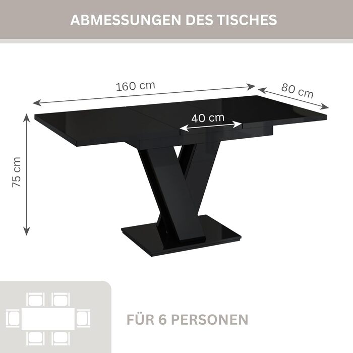 PROROOM FURNITURE Розсувний кухонний стіл Malvi – чорний глянцевий стіл 120-160 см для 4-6 осіб | Легка збірка | Для їдальні та кухні