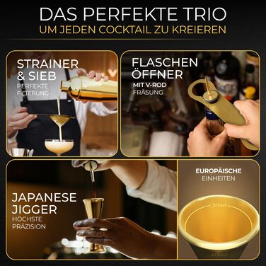Набір для коктейлів Cobbler 700мл з нержавіючої сталі, професійний шейкер для барменів з підставкою та рецептами, класичний набір (Gold)