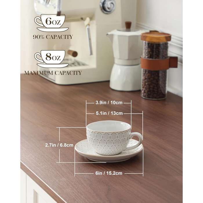 Набір посуду MALACASA LYDIA для 4 осіб (16 предметів) з кераміки з рельєфом, бежевий (4 чашки 180 мл)