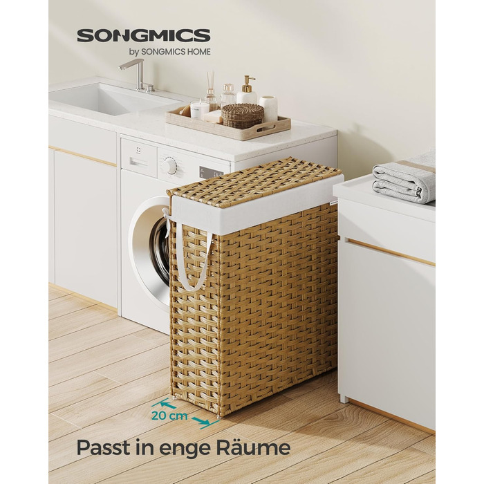 Кошик для білизни SONGMICS 55 л, ротанг, з кришкою та ручками, складний, знімний мішок для білизни, пастельно-жовтий