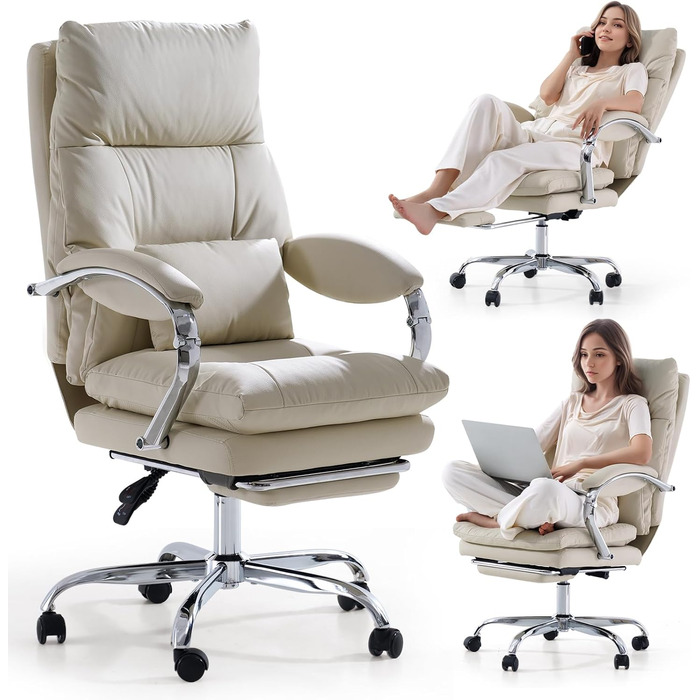 Офісний крісло EMIAH з підставкою для ніг, комфортний крісло для роботи з підлокітниками, ергономічний крісло для начальника з PU шкіри та роликами, ігровий комп'ютерний стілець з потовщеним сидінням, без функції масажу (Бежевий)