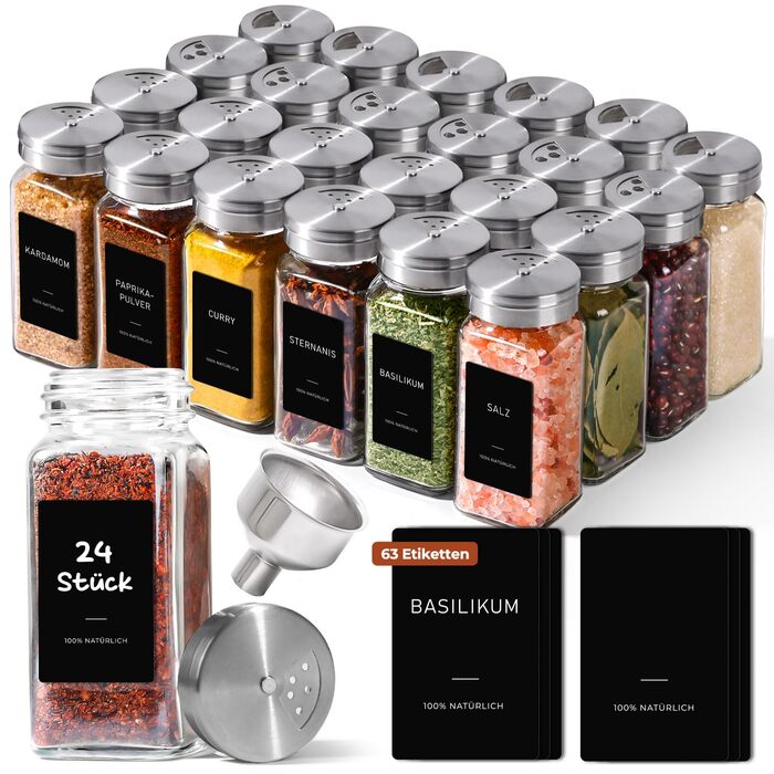 Набір банок для спецій ComSaf (24×120 мл) з мітками, дозатори, з нержавіючої сталі, органайзер