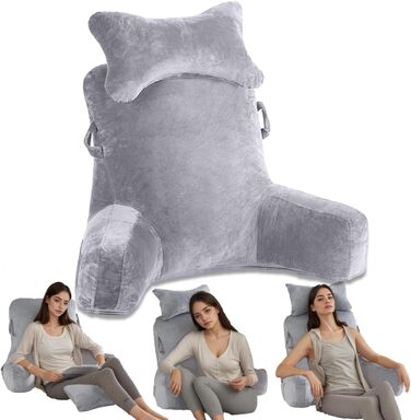 Лежак для читання в ліжко, 90 x 80 см (ДxВ) XXL подушка для спини, диван для дорослих з підлокітниками та знімною подушкою для шиї, спинка для читання з кишенею для ліжка, дивану, підлоги та стільця, світло-сірий