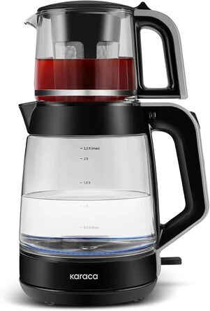 Чайник-заварник електричний Karaca Glass XL 2 в 1, чорний, 0.9л/2.2л, LED, 360°