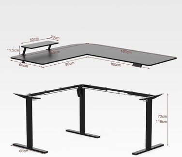 Регульований по висоті кутовий письмовий стіл L-подібної форми з одним двигуном, полицею, управлінням пам'яттю, чорний, 160x140