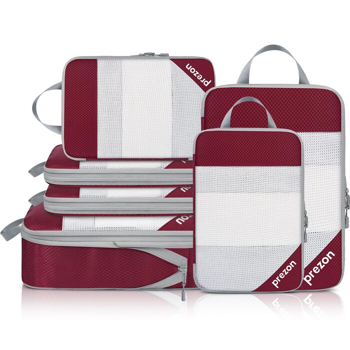 Набір компресійних органайзерів для одягу в подорож, 6 шт, прозорі пакувальні куби для валізи, легкі та міцні з катіонової тканини, бордовий колір