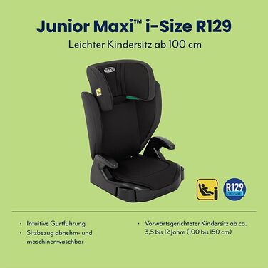 Автокрісло Graco Junior Maxi i-Size R129 (100-150 см), 3.5-12 років, чорний Midnight, з підсклянником, регульовані підлокітники та підголівник