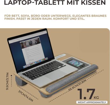 Підставка для ноутбука в ліжко та диван з подушкою, тримач для телефону та підставка для зап'ястя – підходить для ноутбуків до 17' – легка та комфортна для офісу, навчання та відпочинку (Сіра)