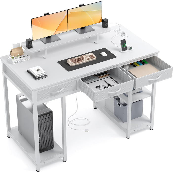 Комп'ютерний стіл Claiks з 3 шухлядами, 120 x 60 см, з полицею, 2 розетки та 2 USB-порти, для офісу та дому, білий