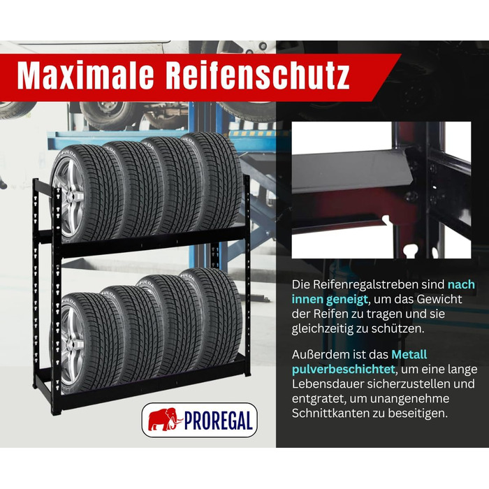 Стійка для шин PROREGAL Tiger: 100x110x35 см, 150 кг навантаження, до 8 шин, 2 яруси, чорний колір