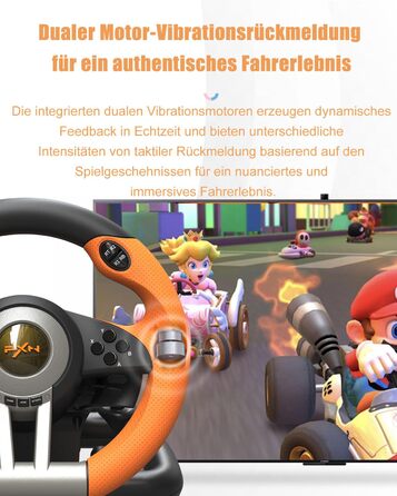 Ігровий кермо PXN V3 Pro з педалями, 180° поворот, вібрація, перемикачі на кермі та педалях - для PC, PS4, PS3, Xbox, Nintendo Switch (Помаранчевий)