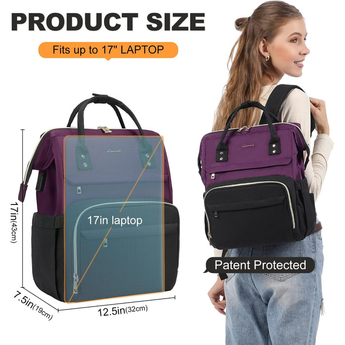 Рюкзак для ноутбука LOVEVOOK для жінок, великий шкільний рюкзак для підлітків, рюкзак ручної поклажі, водонепроникний дизайн, дихаючі лямки, для університету, школи та подорожей, бежевий, сірий (17 дюймів, B - темно-фіолетовий, чорний)