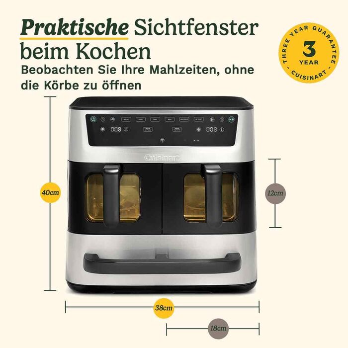 Фритюрниця Cuisinart XXL 10.4L з двома зонами нагріву | Без PFAS та хімікатів | Для смаження, грилю, випікання, дегідратації та підтримання тепла | 2 x 5.2L, 8+ порцій | Деталі придатні для миття в посудомийній машині (3 камери з нержавіючої сталі)