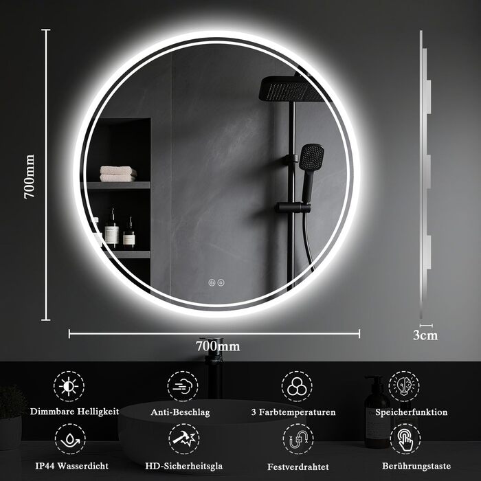 Дзеркало для ванної кімнати з підсвічуванням LED, кругле 50см, сенсорне керування, регулювання яскравості, функція пам'яті, дзеркало з HD склом, захист від вибуху, антизапотівальне покриття, 3 кольори світла, 70x70 см