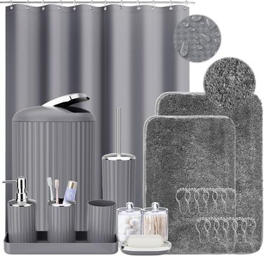 Набір аксесуарів для ванної кімнати 9 шт. Чорний та золотий (Мülleimer, тумбочка, дозатор мила, мильниця, тримач зубної щітки, стакан для щіток, WC-щітка, тримач ватних паличок) + Шторка для душу + Килимок для ванної (Сірий)