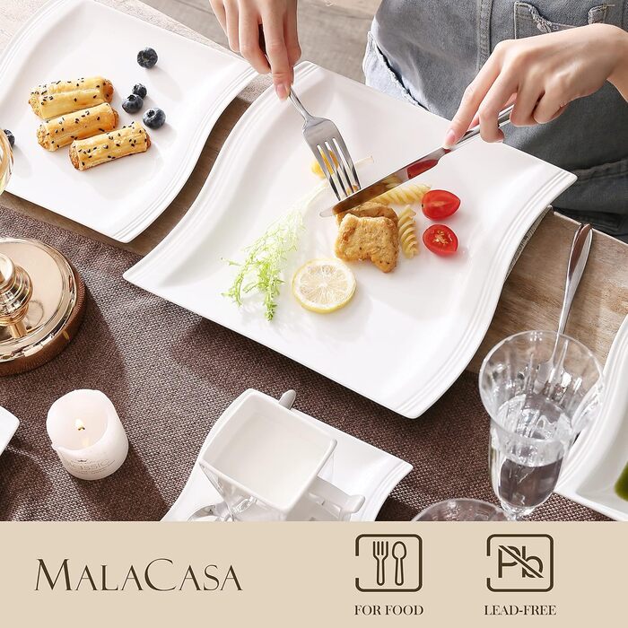 MALACASA Серія Flora – 60-елементний посудний сервіз для 12 осіб – кремово-білий порцелан з квадратним дизайном (тарілки, чашки, блюдця) – підходить для миття в посудомийній машині та для використання в мікрохвильовій печі