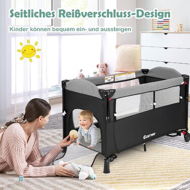 Дитяче ліжко-манеж COSTWAY 120x60 см, 2 рівні, з матрацом, пеленальним столиком, іграшками та музичною шкатулкою, мобільний, регульований, для дітей до 15 кг