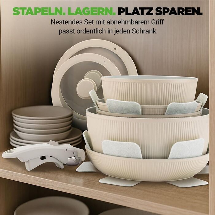 Набір посуду NutriChef 18 частин з кераміки кремового кольору з знімними ручками. Підходить для індукційних плит, всіх типів плит, духовок. Антипригарне покриття, компактний, можна складати.