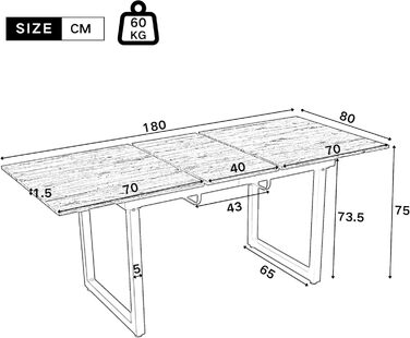 Розсувний обідній стіл Merax, 140/180x80x75 см, білий, металеві ніжки
