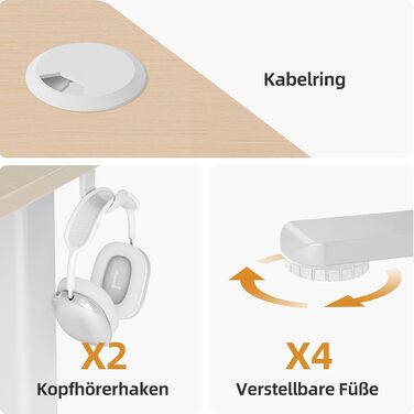 Електричний стіл Claiks з регулюванням висоти 120x60 см, з 3 функціями пам'яті, 2 гачками, бежевий