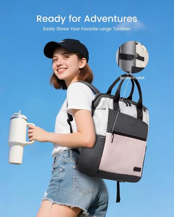 LOVEVOOK Рюкзак для жінок, 15.6 дюймів, рюкзак для школи, підліток, дівчина з великою кишенею для пляшки води, велика відкрита конструкція, сумка для роботи, шкільний рюкзак, рюкзак для подорожей, універсітету, школи (Сірий-рожевий, 15.6 дюймів)