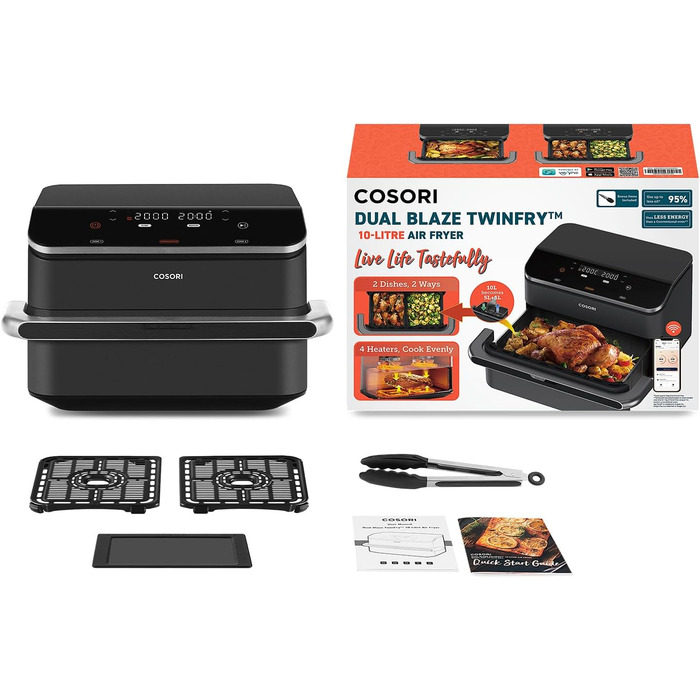 Фритюрниця COSORI з 2 камерами Dual Blaze TwinFry 10L, з 4 нагрівальними елементами, чорний/сріблястий