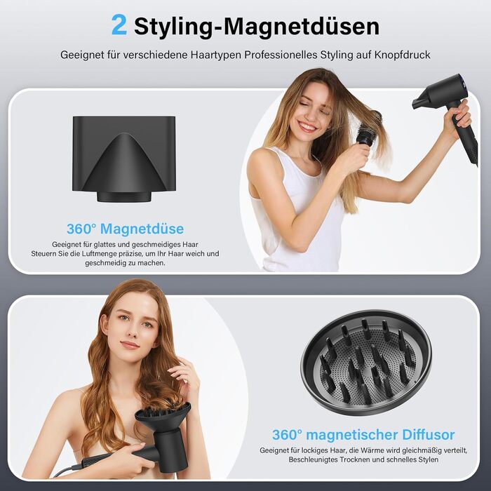 Професійний фен для волосся з дифузором, безщітковий двигун 110 000 об/хв, 400 млн плазмових іонів, низький рівень шуму 57дБ, чорний