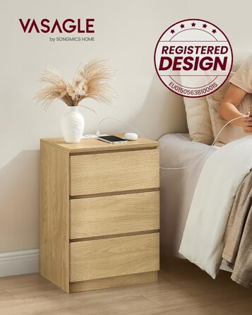 Приліжкова тумбочка VASAGLE Kailyn з розетками та USB-портами, 3 шухляди, сучасний дизайн, сіро-коричневий колір, LET831G01