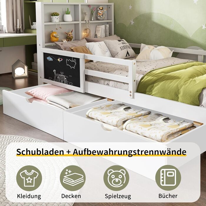 Дитяче ліжко Кiндербет 90x200 з шухлядами, полiцями та захистом, бiле. Ліжко-трансформер для підлітків, бiле, без матраца