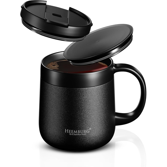 Термокружка з ручкою, подвійні стінки, вакуумна ізоляція, нержавіюча сталь 18/8, 2 кришки, неслизьке дно, 440мл (330мл), для офісу та робочого місця