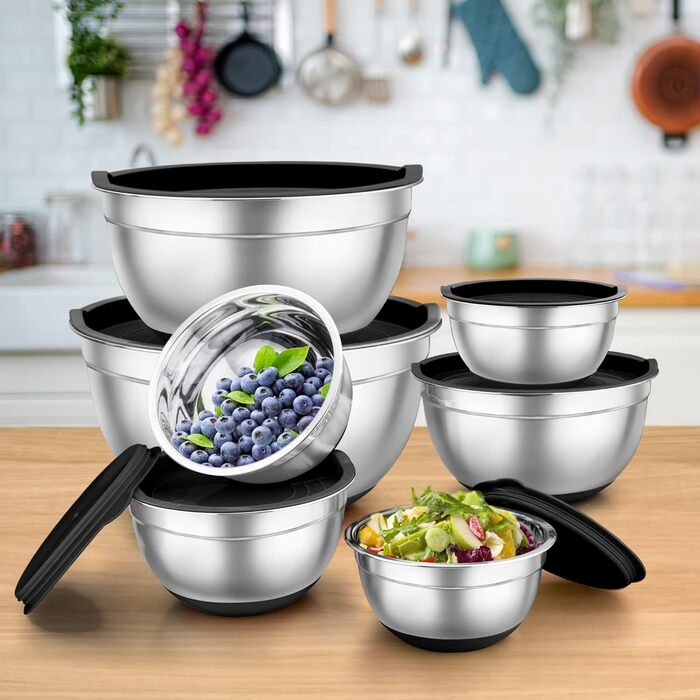 Набір місок TEAMFAR 7 шт., нержавіюча сталь, з кришками та силіконовим дном, 0,7L - 6,5L, чорний