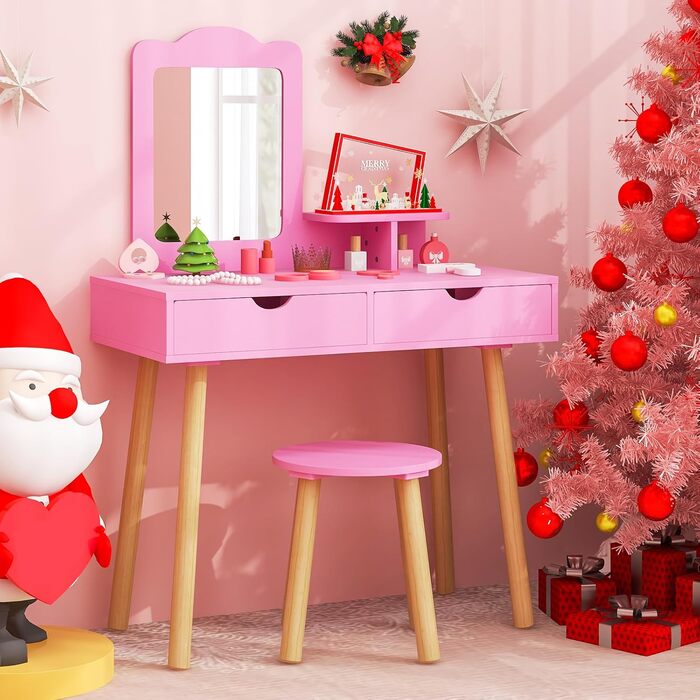 Детский туалетний столик COSTWAY 2-в-1 зі стільчиком та дзеркалом, з шухлядами, для дівчаток 3-7 років (Рожевий, без підсвічування)