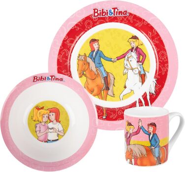 Дитячий посуд Bibi & Tina: комплект з 3 предметів (тарілка, чашка, миска), рожево-червоний, порцеляна, 19/220/330 мл