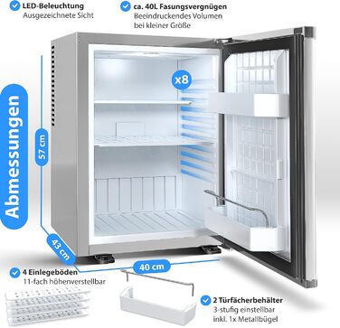 Міні-холодильник KESSER 40 л, тихий 22 дБ, з можливістю замикання, 4-16C, срібло, 57 см, внутрішнє освітлення