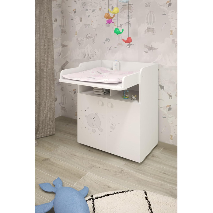 Комод для дитячої кімнати Shefa Wickelkommode 700 Teddy, білий - сучасний комод для немовлят, 47 x 70 x 86 см, білий, ведмедик