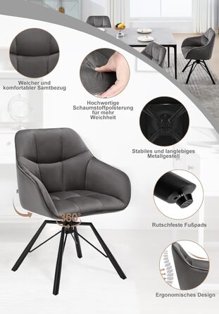 Крісла для їдальні WOLTU (4 шт) з оббивкою з велюру, сірого кольору, з підлокітниками та поворотним механізмом