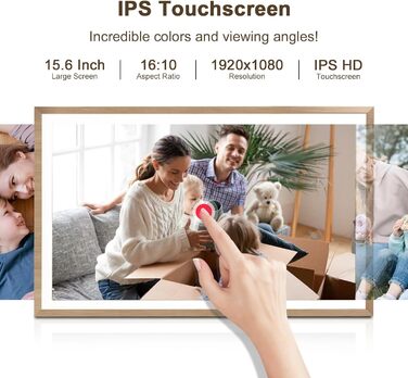 Frameo Цифровий фоторамка 15.6 дюймів Wi-Fi, FHD IPS сенсорний екран, 32GB, віддалене завантаження фото та відео, календар, погода, музика