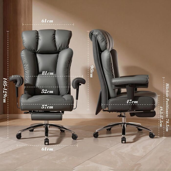 Офісний крісло Efomao XXL 200 кг з підставкою для ніг, сіре. Крісло для керівника з екошкіри, висока спинка, регульовані підлокітники, підтримка попереку для дому та офісу.