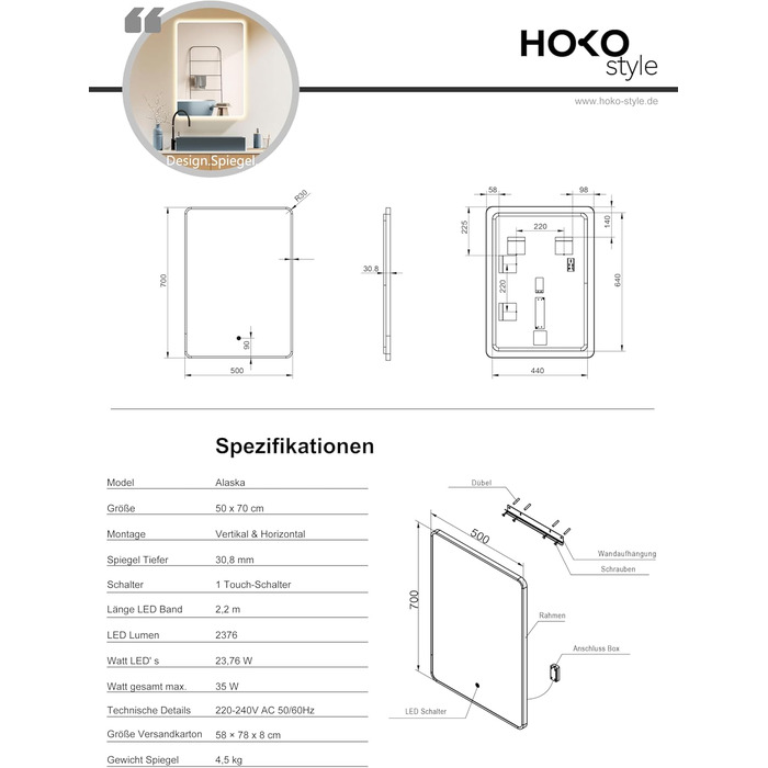 Дзеркало для ванної кімнати HOKO LED Texas 60x80 см з підсвічуванням, підігрівом проти запотівання та чорним металевим каркасом. Можливість монтажу HOCH+QUER. Сенсорне управління, перемикання світла 2700-6500K (тепле, холодне, нейтральне біле світло).