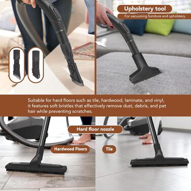 Пилсос Akitas 900W з мішком – мережевий кабель 7 м, радіус дії 10 м, тиха робота 70 дБ, додаткова насадка для підлоги, регульована потужність, велика ємність, для твердих підлог та килимів (C11 Trubo)